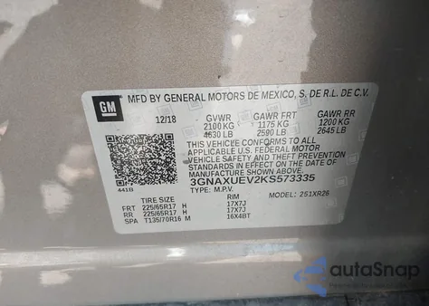 2019 Chevrolet Equinox Lt from USA, damaged, VIN 3GNAXUEV2KS573335